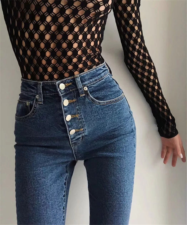 Single breasted jeans women's feet