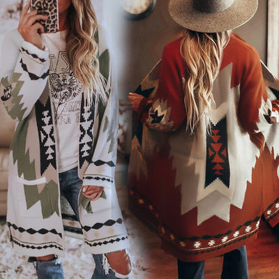 Women's Fashion Winter Vintage Tribal Knitted Cardigan Sweater Coat Blouse Top Women Solid Elastic Long Sleeve Knitted Cardigans