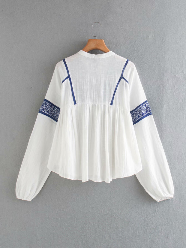 Women's Long-Sleeved Contrast Embroidered Blouse