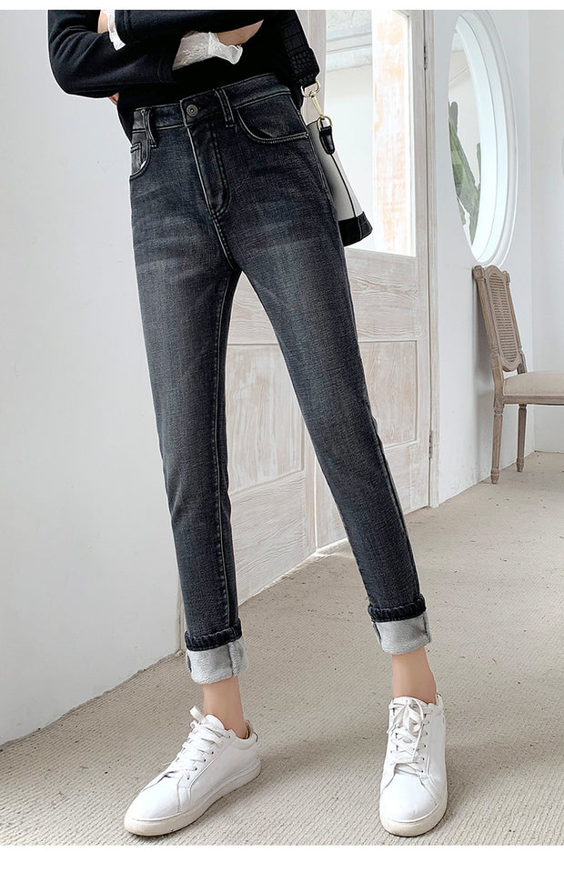 Women's plush casual skinny high-waist jeans