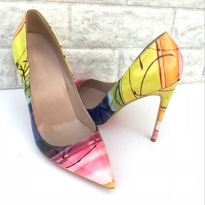 European And American Yellow High Heels Women's Pointed Toe Stiletto Heels Colorblock Low-cut Pumps Tide