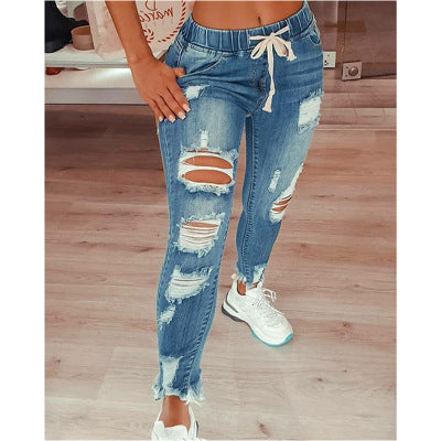 Thin Women's Jeans Trousers With Ripped Holes