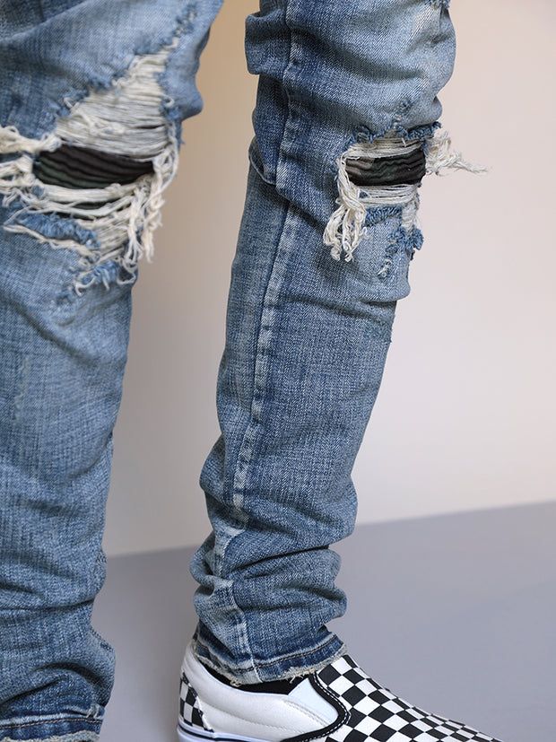 Mens Ripped Washed Blue Denim Jeans