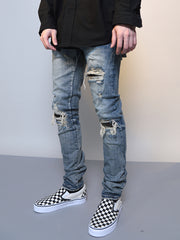 Mens Ripped Washed Blue Denim Jeans