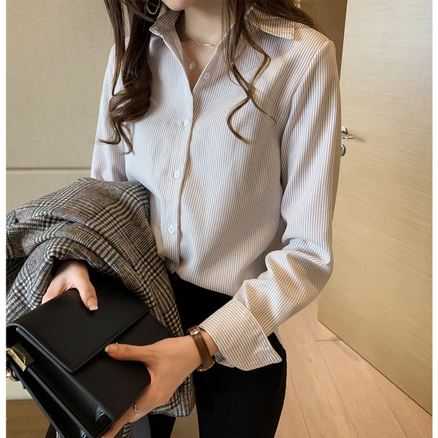 Spring Women's Korean Style New Casual Student Shirt Bottoming Shirt Fashion Loose Long-Sleeved Vertical Striped Shirt