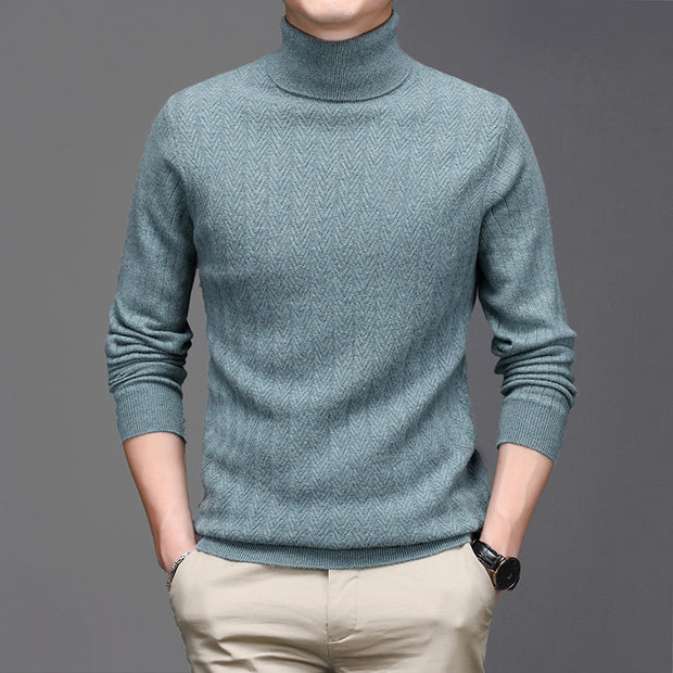 Pure Wool Mens High Neck Warm Sweater Thick Striped Pullover Sweater