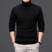 Pure Wool Mens High Neck Warm Sweater Thick Striped Pullover Sweater