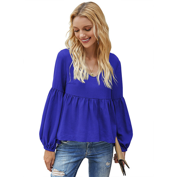 Women's top stitching puff sleeve chiffon shirt women