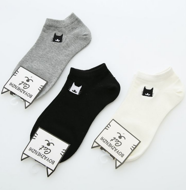 New summer women's socks 3 pairs of white cotton cute cat women fashion short paragraph socks women's cotton socks