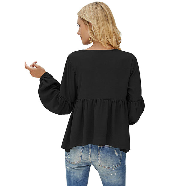 Women's top stitching puff sleeve chiffon shirt women