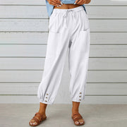 Women Drawstring Tie Pants Spring Summer Cotton And Linen Trousers With Pockets Button