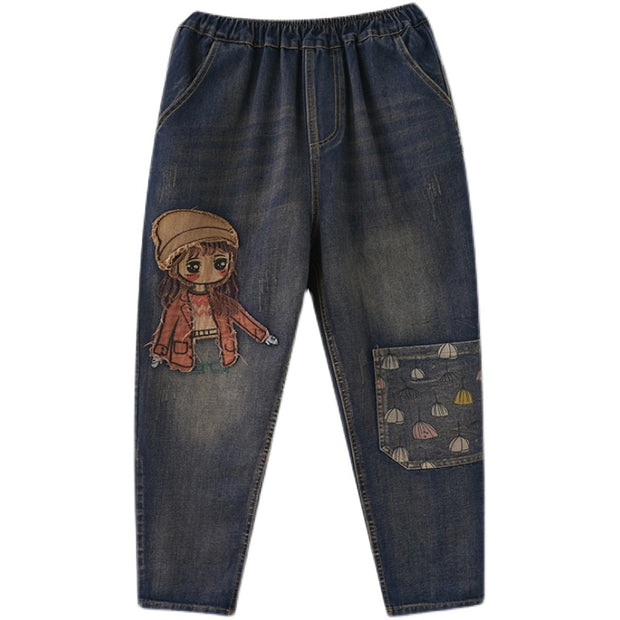 Cartoon Stickers Embroidered Jeans For Women