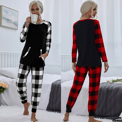 Women's Fashion Plaid Crew Neck Home Leisure Loose Outfit