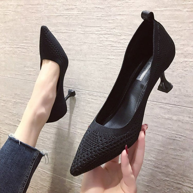 Fashion High-heeled Flying Woven Pointed Pumps Women's Stiletto Mid-heeled Women