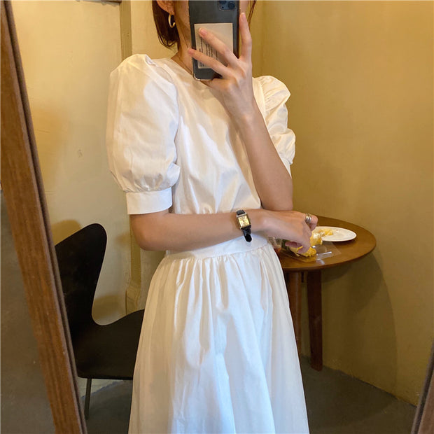 Women's Retro Midriff Outfit Puff Sleeve Midi Dress