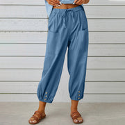 Women Drawstring Tie Pants Spring Summer Cotton And Linen Trousers With Pockets Button