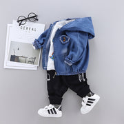 New denim three-piece set for children and babies 0-4 years old