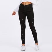 Women's spring black pearl jeans