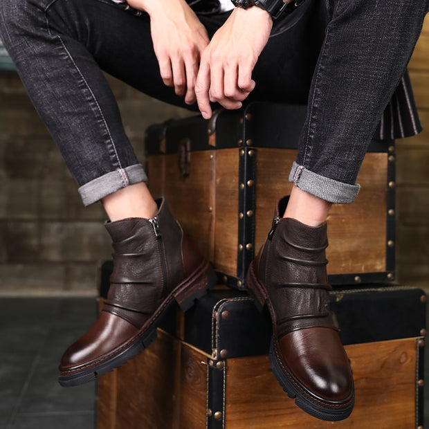 Retro Wrinkle Genuine Leather Mens Boots