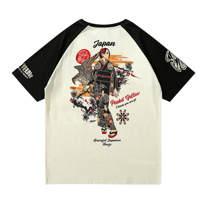 Oiran Geisha Tattoo T-Shirt Half Sleeve Crew Neck Cotton Teen