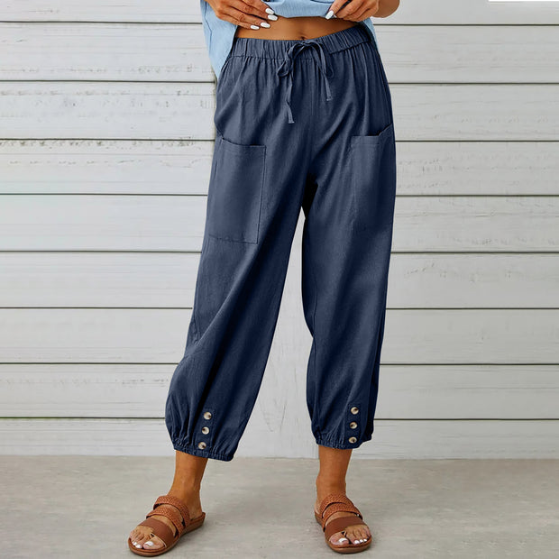 Women Drawstring Tie Pants Spring Summer Cotton And Linen Trousers With Pockets Button