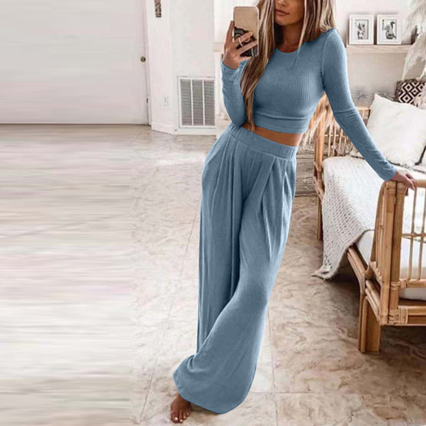 Women's Solid Color Knitted Casual Home Two Piece Suit Women