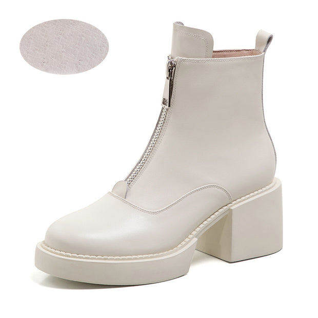 Women's Leather Platform Thick Heel Ankle Boots