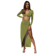 Fall Spilt Long Sleeve Bandage Dress Sets Fashion Outfits Elegant Women's Top And Skirts Sexy Club Matching Set