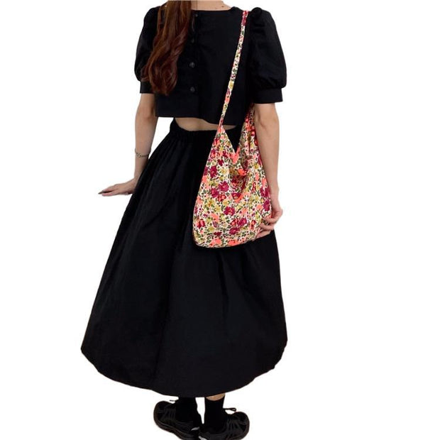 Women's Retro Midriff Outfit Puff Sleeve Midi Dress