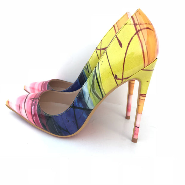 European And American Yellow High Heels Women's Pointed Toe Stiletto Heels Colorblock Low-cut Pumps Tide