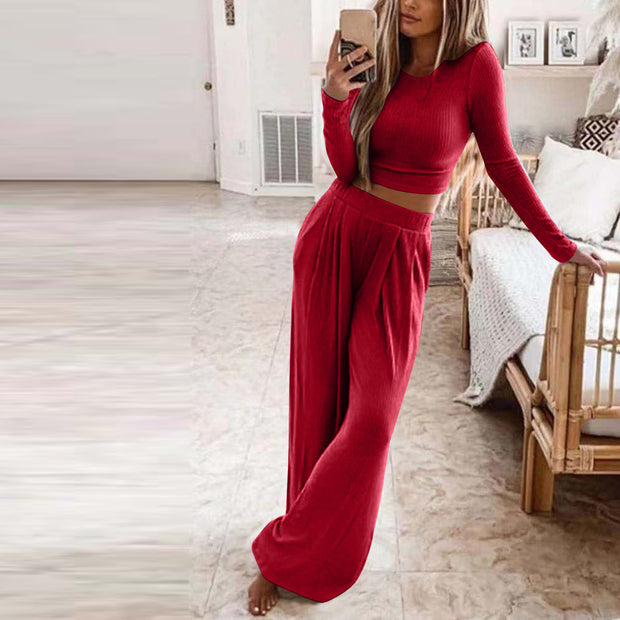 Women's Solid Color Knitted Casual Home Two Piece Suit Women