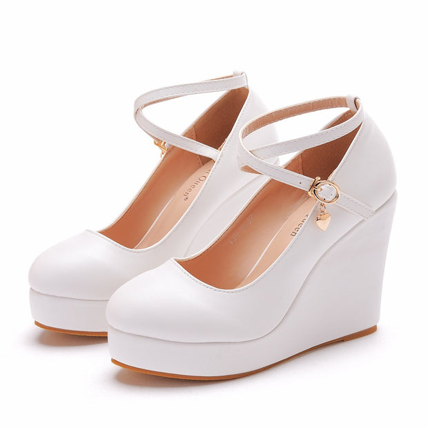 Crystal Queen White Platform Wedges Pumps Women