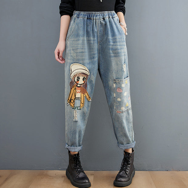 Cartoon Stickers Embroidered Jeans For Women